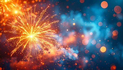 Obraz premium Abstract orange fireworks sparkle explosion against a rich blue bokeh background.