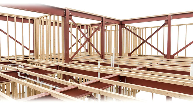 Precision 3D rendering depicting the robust internal structural framework of a building under construction, highlighting steel beams and wooden joists for modern design