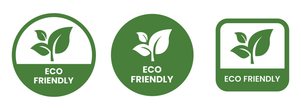Eco friendly icons with leaves green circular and square badges with text high quality professional detailed modern elegant stylish clean crisp vibrant colorful digital