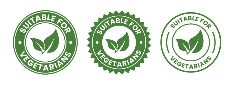 Vegetarian food labels with leaves suitable for vegetarians text and circular designs high quality professional detailed modern elegant stylish clean crisp vibrant colorful digital