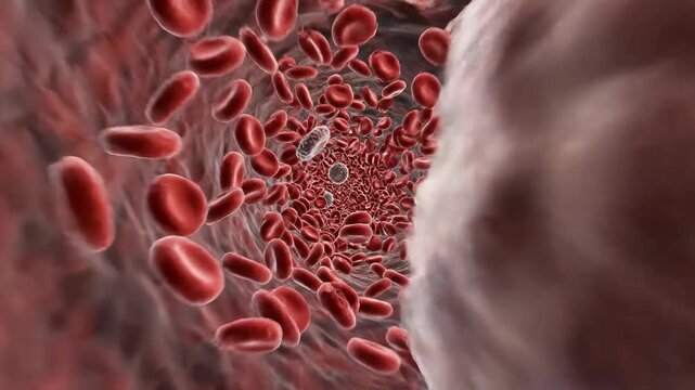 Microscopic view of red blood cells flowing through a human artery in a 3D medical animation ideal for healthcare education and scientific research presentations.