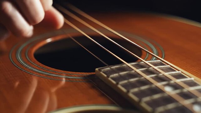 Close-up of Musician Playing Acoustic Guitar with fingers plucking strings over the soundhole ideal for music education and creative storytelling.