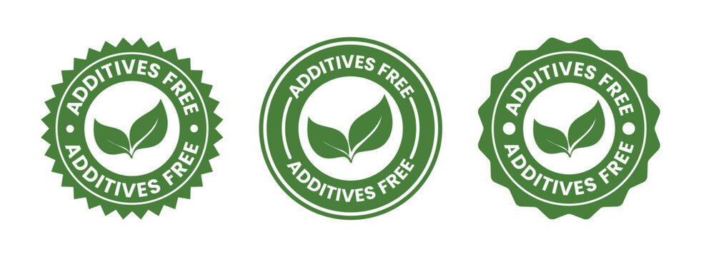 Additives free labels with leaves set of three green circular badges on a white background high quality professional detailed modern elegant stylish clean crisp