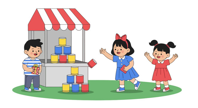 Children playing carnival game knocking down cans