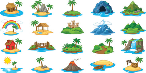Large Collection of Tropical Island Vector Illustrations Featuring Volcanoes Caves Castles Waterfalls Rainbows Palm Trees and Pirate Treasure for Games © MdMahfizur
