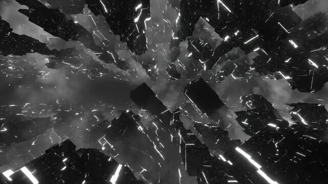 Abstract futuristic black and white view through shattered geometric shapes with bright glowing lines in a smoky atmosphere.