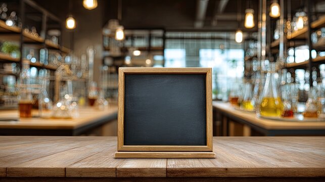 Blank chalkboard on wooden table in a softly lit laboratory
