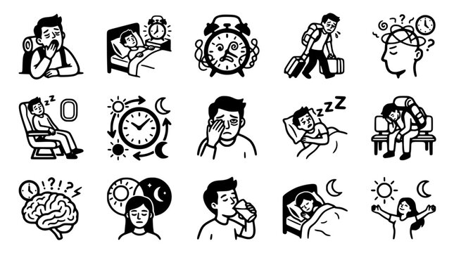 Variety of scenes showcasing the concept of sleep-wake cycle, depicting stages, behaviors and related factors.