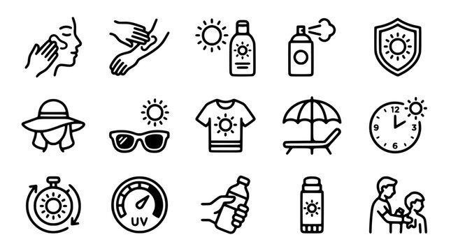 Set of 15 vector icons about sun protection essentials.