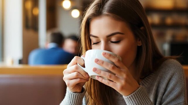 Caucasian woman enjoying a hot drink in a cafe. Smiling lady sipping coffee from a ceramic mug. Customer relaxing in a restaurant during a morning break time.