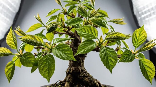 Time-lapse of a bonsai tree growing new green leaves, showcasing nature's beauty and the art of cultivation