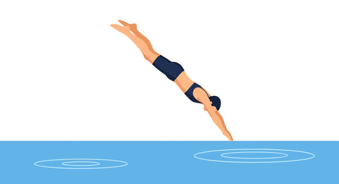 Young male diver performing high dive into water pool
