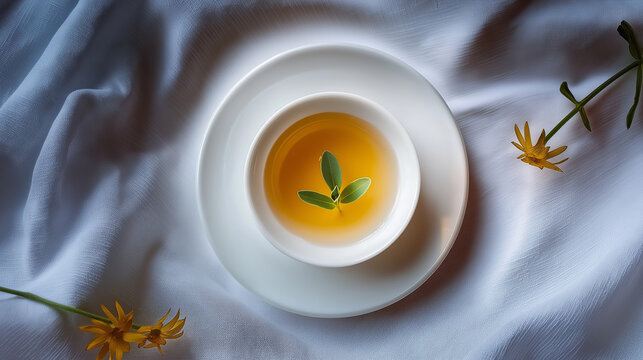 consomme. Top-down view of a white bowl with clear broth and a single herb leaf. menu design, packaging mockups, designed for culinary blogs and recipe cards for restaurants.