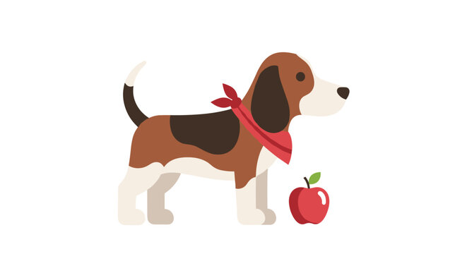 A friendly beagle dog wearing a vibrant red bandana stands in profile next to a bright red apple on a clean minimalist light beige studio background surface area.