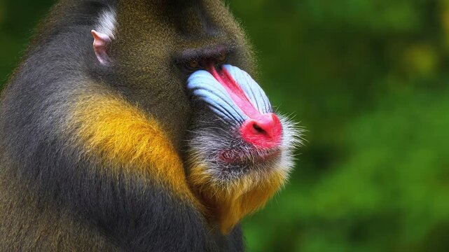 Extreme close up of a colorful Mandrill monkey face showing vibrant details
