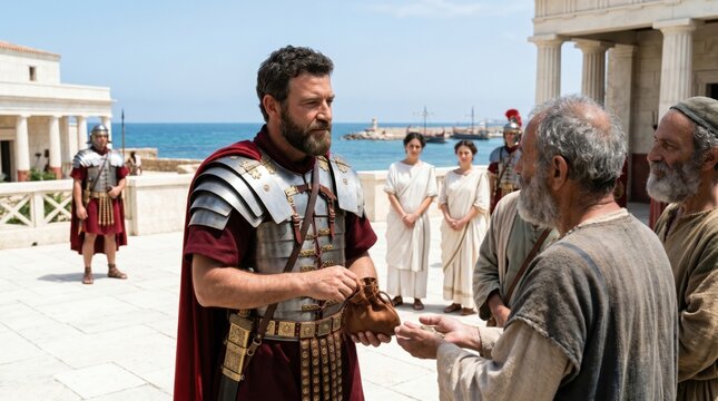 Roman centurion giving alms to a poor man in Caesarea. Ancient military officer in armor donating money to needy people. Biblical scene of Cornelius from Acts of the Apostles.