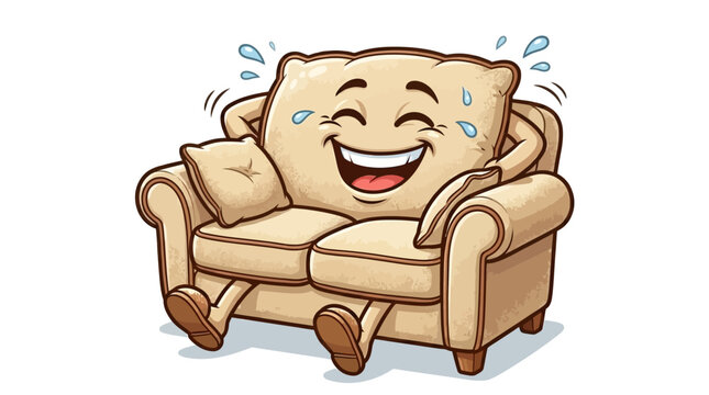 An endearing animated sofa character finds itself in a fit of uncontrollable giggles, radiating infectious joy and a whimsical sense of humor, ideal for lighthearted design projects