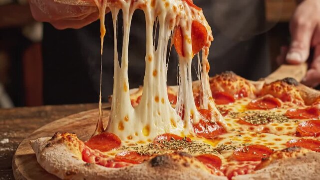 Delicious pepperoni pizza slice with stretchy cheese being lifted.