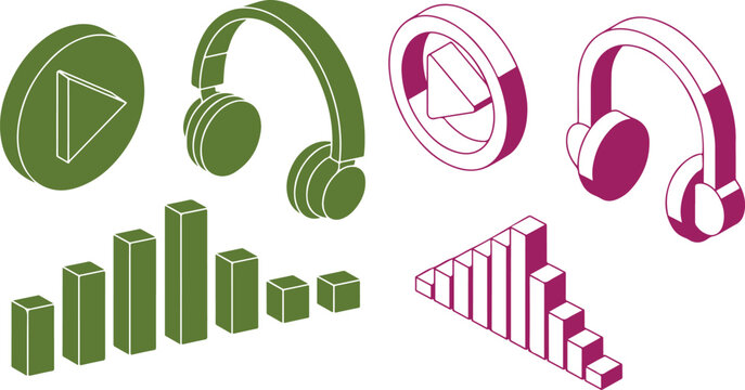 Music player 3D silhouette icon set with play button, headphones, and waveform blocks