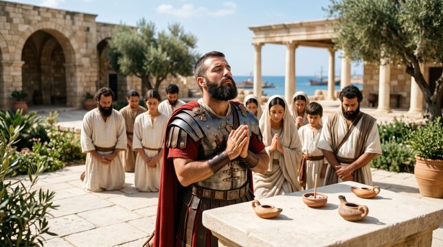 Roman centurion Cornelius praying with his family in ancient Caesarea. Bearded soldier in metal armor kneeling in devotion. Biblical scene depicting faith, spirituality and godliness.