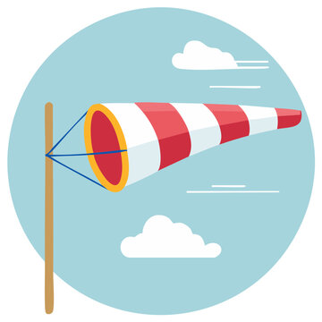 Cartoon windsock illustration against a blue circle sky background with clouds