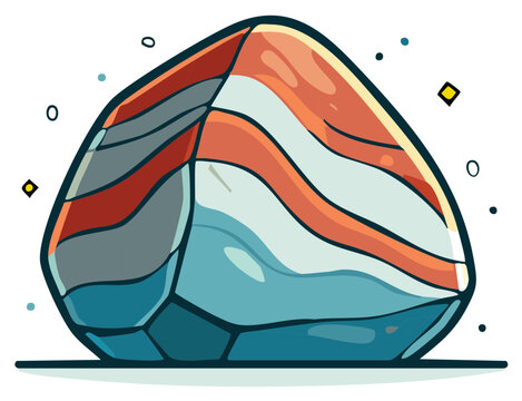 Decorative Agate Gemstone with Stripes, Cartoon Style Mineral Illustration, Blue, Orange, Gray Mineral Piece Isolated