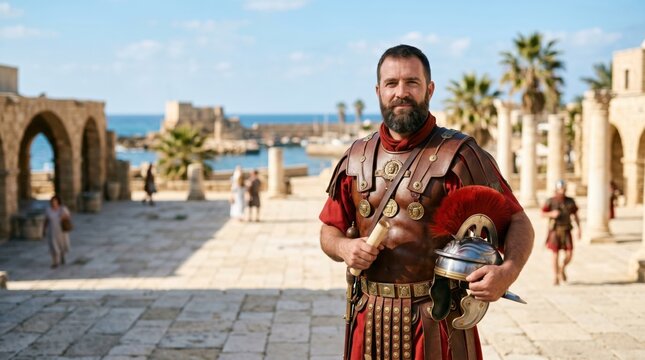 Roman centurion Cornelius standing in Caesarea holding a scroll and helmet. Biblical historical character from Acts of the Apostles. Ancient soldier in uniform, religious lifestyle.