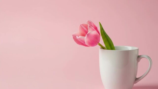 Pink tulip in white mug on pink background. Spring floral arrangement with flower cup. Minimalist concept for greeting card and celebration of Mothers day holiday.