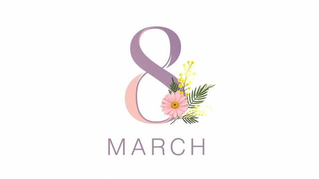 International Women day greeting card design with number eight and floral decoration. Minimalist celebration element with spring flower illustration for holiday event.