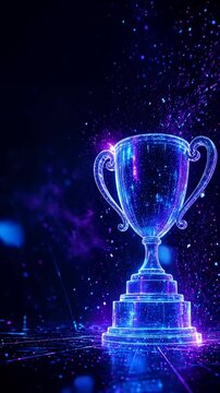Glowing digital trophy in neon style on dark background, futuristic success achievement concept, technology award, competition victory.