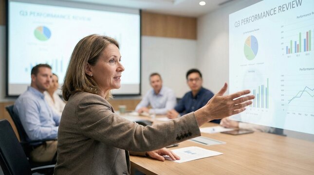 Businesswoman presenting q3 performance review charts on projector screen to team in modern meeting room, explaining data, discussion, corporate strategy, bright lighting, resolution