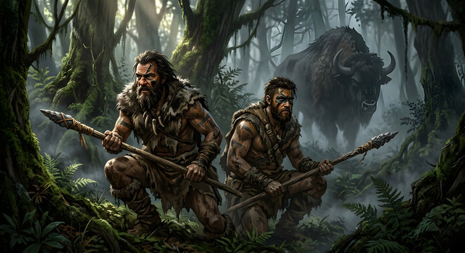 Crouching prehistoric hunters in a dense foggy forest