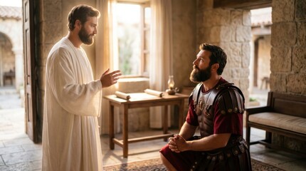 Obraz premium Angel appearing to centurion Cornelius in a vision described in the Bible. Man in ancient Roman military armor kneeling before a divine messenger. Religious scene of heavenly revelation.