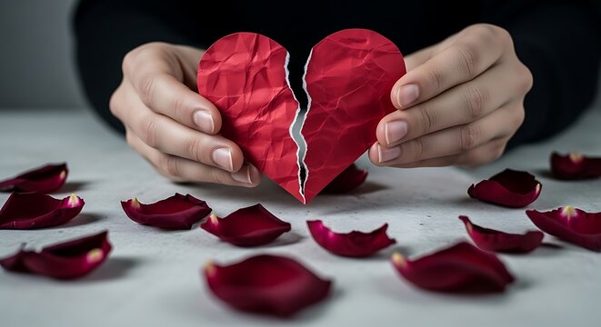Hands holding torn red paper heart over rose petals representing breakup