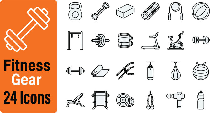 Fitness gear and gym equipment line icon set. Vector pictograms of dumbbell, barbell, treadmill, kettlebell, exercise bike, yoga mat, punching bag, and weight bench. Thin linear illustration
