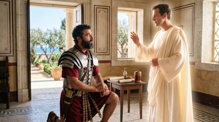 Naklejka premium Roman centurion kneeling before angel in ancient house. Biblical scene of Cornelius and divine messenger. Spiritual encounter, faith, religious revelation and historical reenactment.