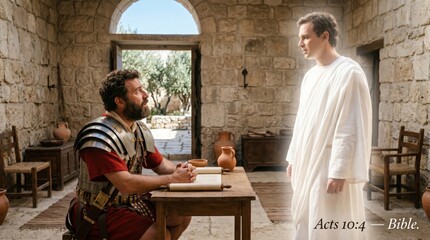 Obraz premium Roman centurion Cornelius having a vision of an angel appearing in his home. Biblical illustration of the Book of Acts 10. Religious scene depicting divine encounter and revelation.