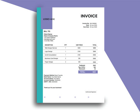 Creative modern invoice template with geometric shapes minimal style professional corporate billing layout design