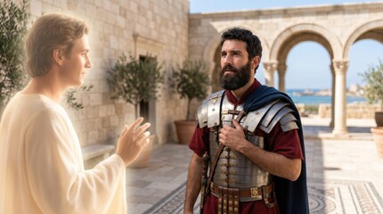 Naklejka premium Angel appearing to centurion Cornelius in a biblical vision. Man in roman armor meeting divine messenger in stone courtyard. Spiritual scene from Acts of the Apostles in New Testament.