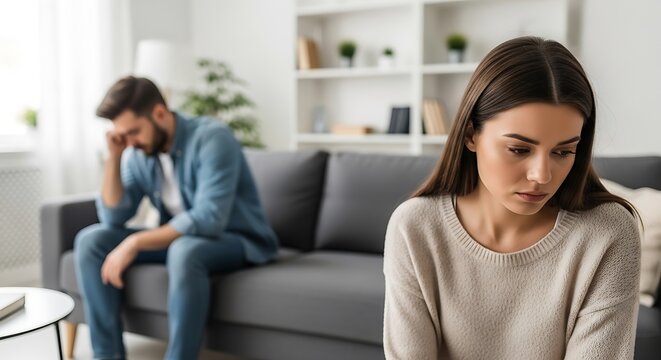 Sad Young Couple After Breakup Sitting on Sofa at Home