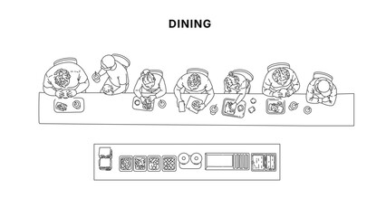 People eating at long table top view CAD drawing set, overhead dining scene with trays, plates, and food layout in minimal clean architectural line style