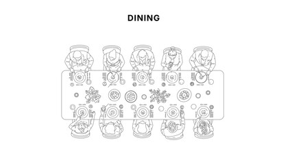 Naklejka premium People dining at long table overhead CAD drawing, formal dinner layout with plates, cutlery, and floral centerpieces in clean minimal architectural line style 