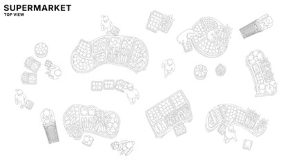 Supermarket produce section top view CAD drawing set, shoppers with carts selecting fruits and vegetables around display islands in minimal clean architectural line style