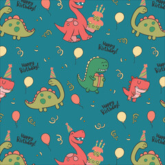 Dino party with seamless pattern and greeting card, birthday invitation with cute dinosaurs celebrating © amna