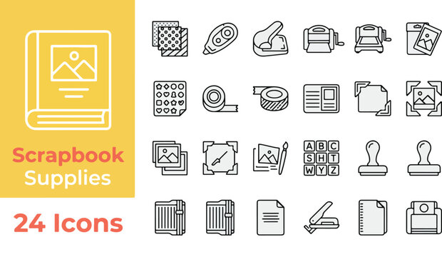 Scrapbook supplies line icon set. Vector pictograms of album, patterned paper, correction tape, punch, die-cut machine, stickers, washi tape, photo corners, stamps, binders, stapler