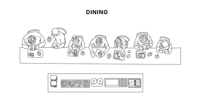 People eating at long table top view CAD drawing set, overhead dining scene with trays, plates, and food layout in minimal clean architectural line style