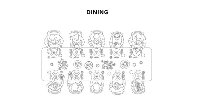 People dining at long table overhead CAD drawing, formal dinner layout with plates, cutlery, and floral centerpieces in clean minimal architectural line style
