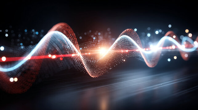 Abstract glowing waveform with particles and light flares digital art abstract background