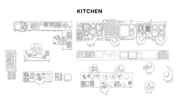 Commercial kitchen top view CAD drawing set, chefs preparing food with cooking stations, equipment, and prep counters in clean minimal architectural line style