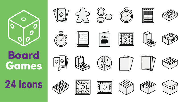 Board games line icon set. Vector pictograms of playing cards, meeple, tokens, timer, scorepad, game board, dice tower, rulebook, cards deck, storage boxes and components thin linear illustr